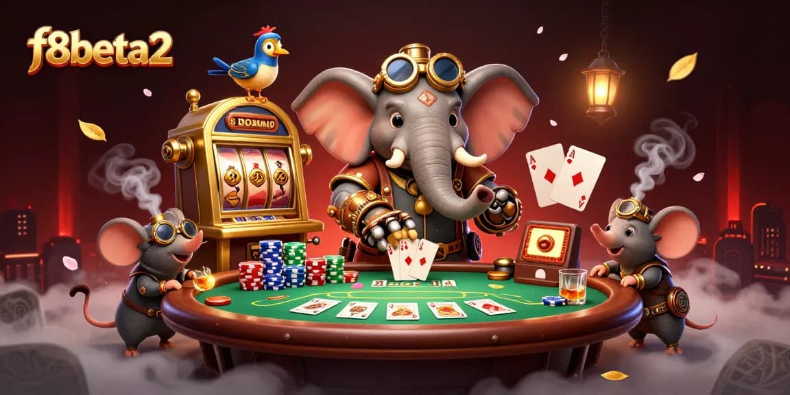 Engaging f8beta2 casino scene features a steampunk elephant with golden slot machine, vibrant poker elements.