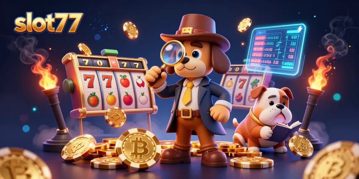 Spin and win big with slot77 in a vibrant casino scene featuring characters and slot elements.