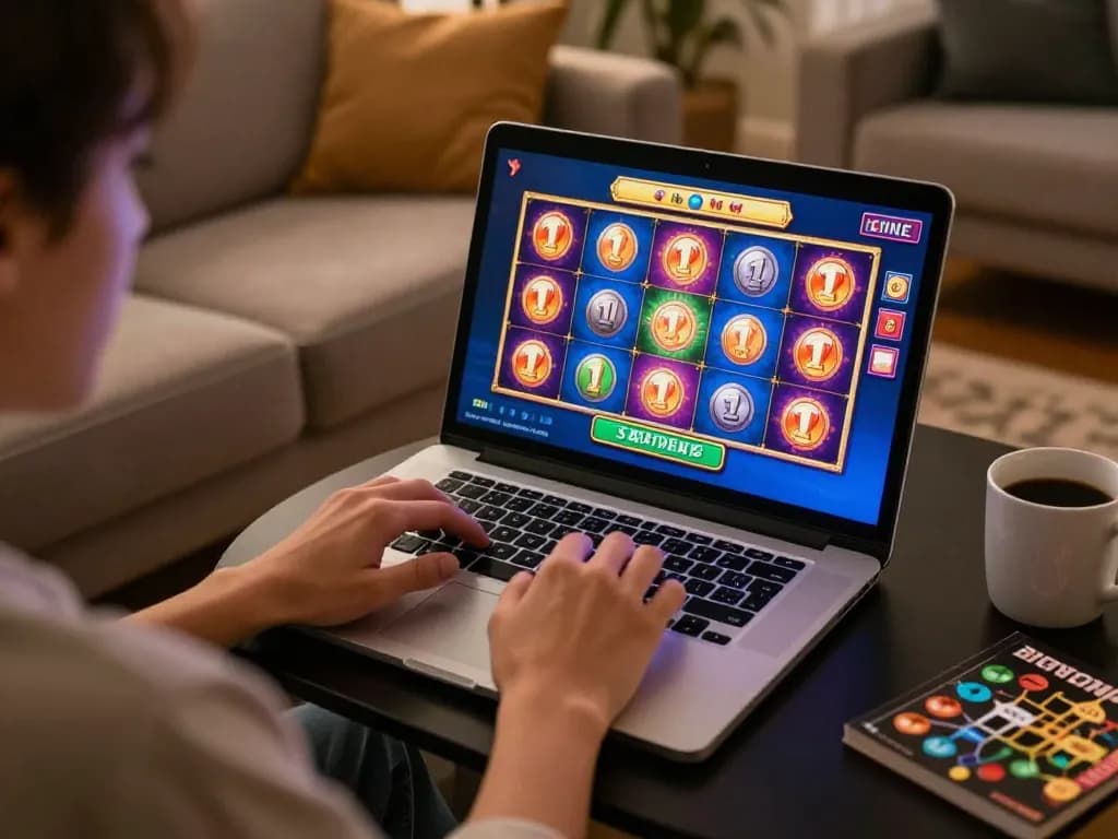 Pengguna Bintangmpo menikmati permainan slot online di lingkungan rumah yang nyaman dengan laptop dan catatan strategi.