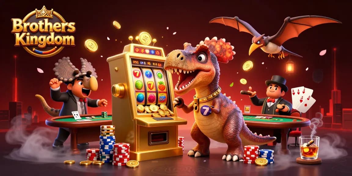 Catch jackpots with Brothers Kingdom as a dinosaur engages in slot machine fun amidst a vibrant casino scene.