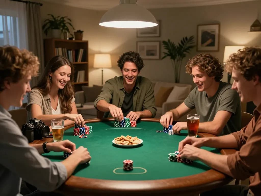 Nego77 players strategizing during a friendly poker game in a cozy home setting, surrounded by snacks and drinks.