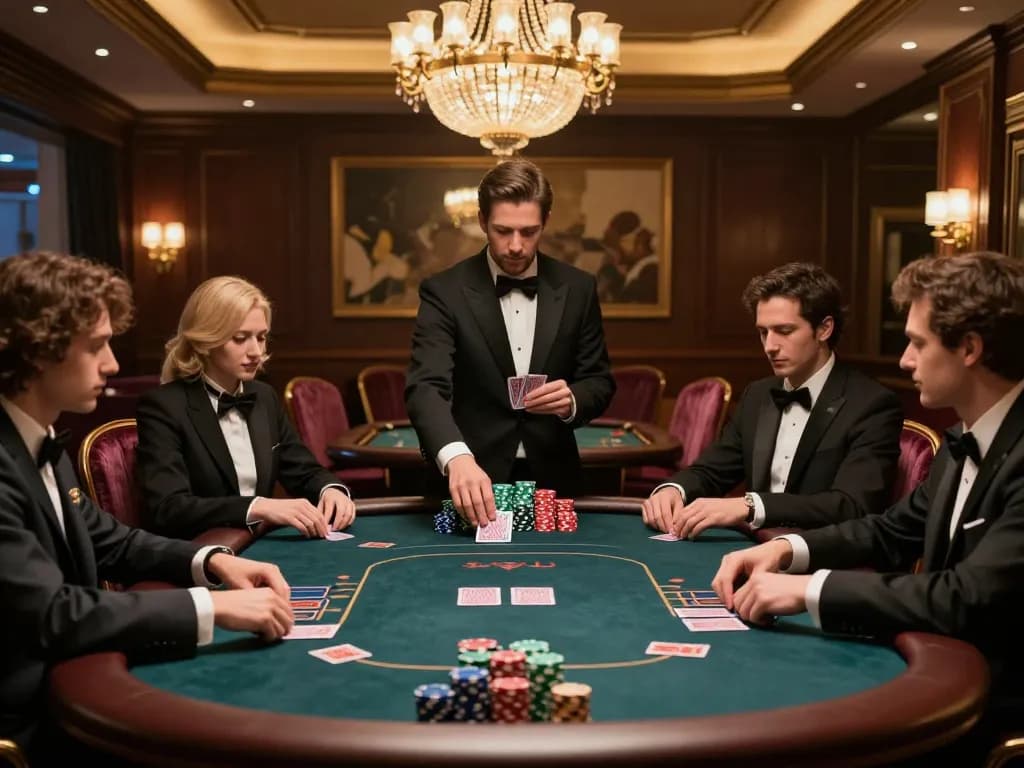100vip players enjoy a luxurious poker game in an upscale casino environment with vibrant cash chips.
