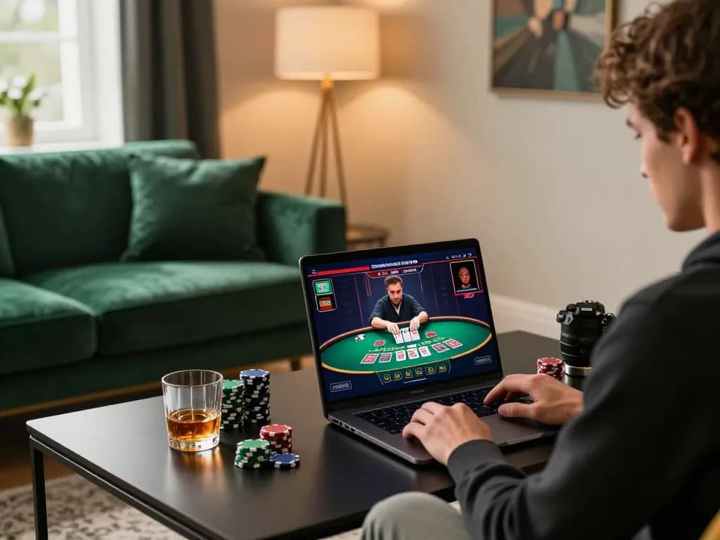 Engaging live dealer blackjack session on lv88seo laptop, showcasing dynamic gameplay and a stylish setup.