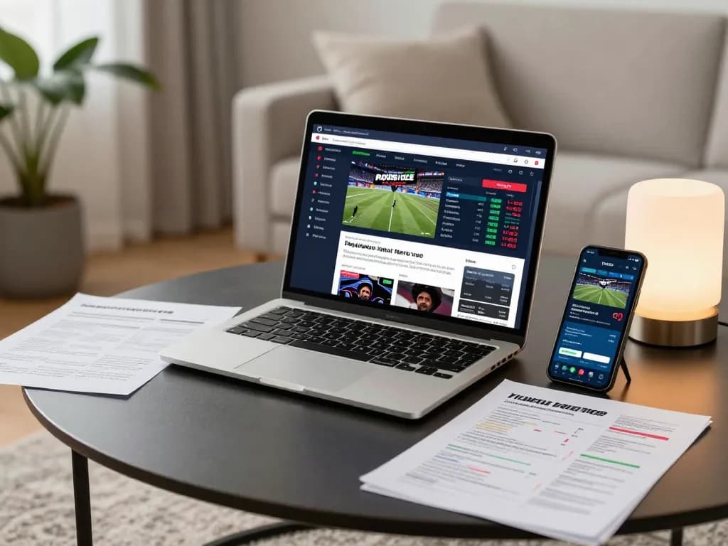 Kèo nhà cái hôm nay shows live sports betting setup with laptop and smartphone, strategic notes visible.
