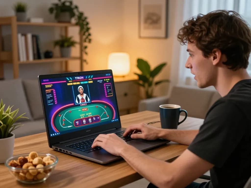 Engaging in TRON gambling on a laptop with a live dealer, enhancing strategic gameplay at home.