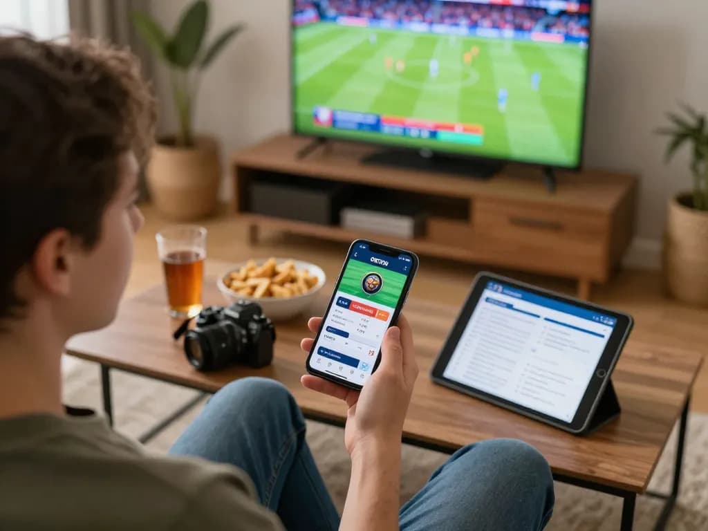 Engaged sports bettor using the OKFUN app on smartphone during a live match.