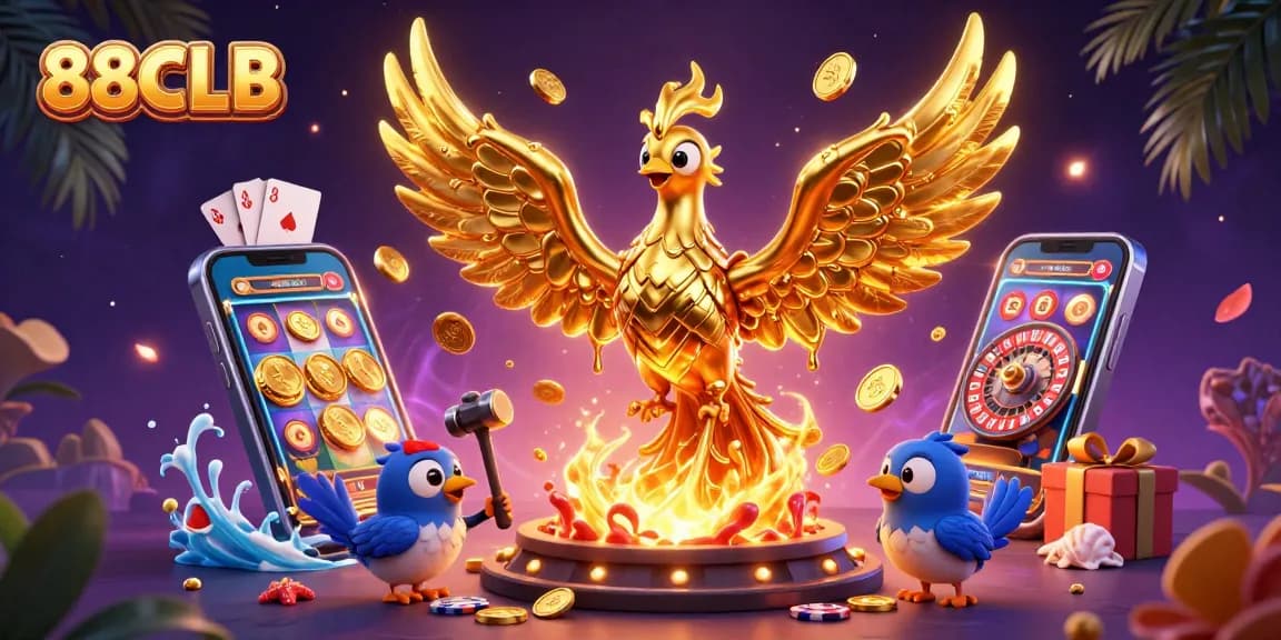 Experience 88CLB’s gaming thrill with a golden phoenix and dynamic casino elements in a stunning illustration
