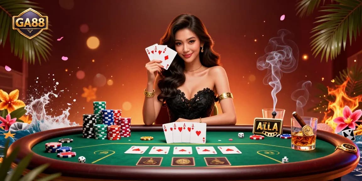 Win big at GA88 with vibrant poker action featuring a stylish woman and scattered chips.