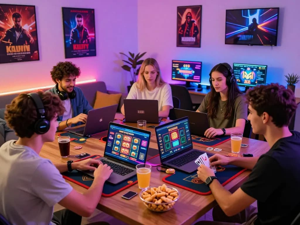 Exciting online gaming atmosphere at https://kuwincom.net/ with friends enjoying casino games.