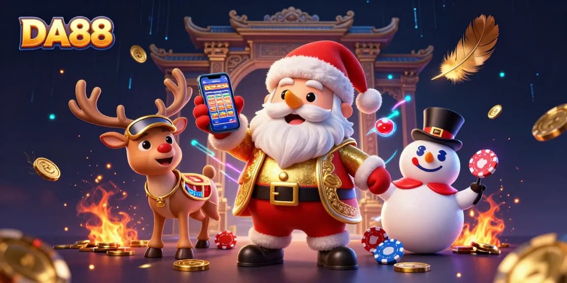 Experience DA88 with Santa and friends in a vibrant casino scene featuring epic slot gameplay.