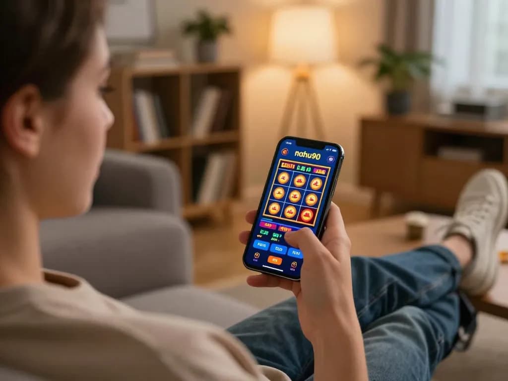 Player enjoying the nohu90 mobile app on a smartphone in a cozy living room environment.