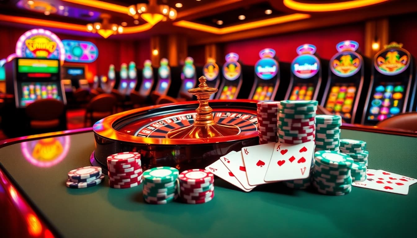 Experience the excitement of game đánh bài đổi thưởng in a vibrant online casino setting, featuring roulette and poker.