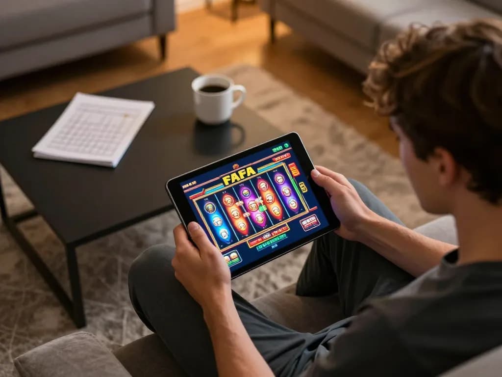 Engaging player enjoying FAFA 828 online casino games on a tablet in a cozy living room setting