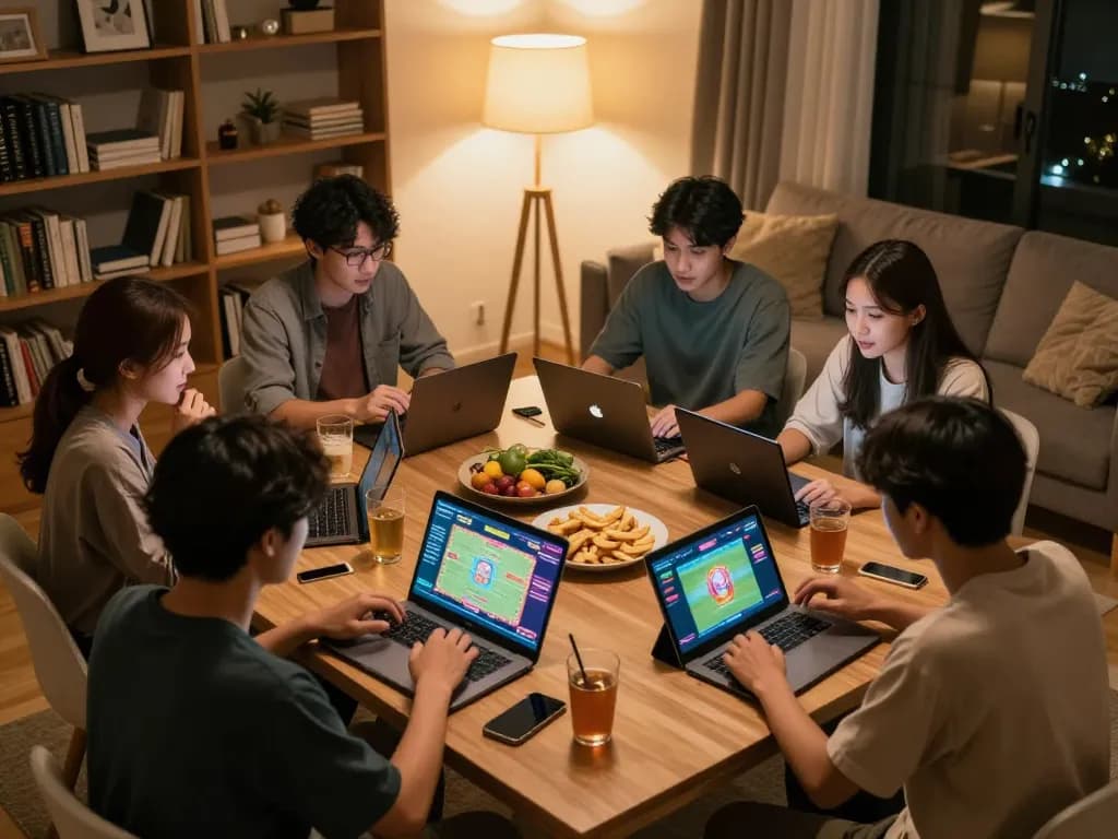 Players enjoying thrilling togel pulsa action in a cozy home game night setting with multiple devices.
