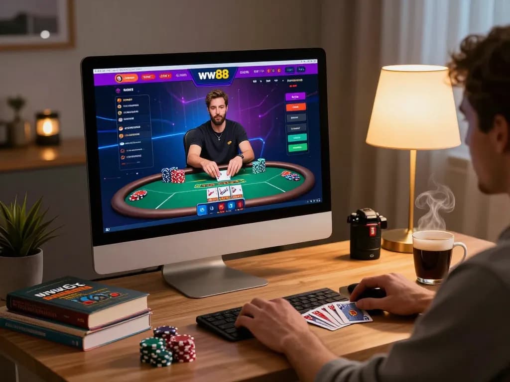 Engaging gameplay at ww88 online casino with poker interface and strategic notes on desk.
