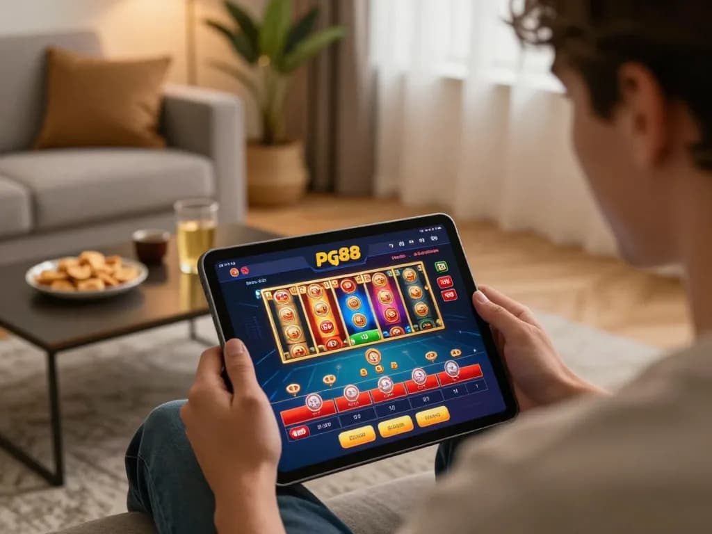 Player engaging with the pg88 online casino on a tablet, showcasing vibrant game graphics in a cozy setting.