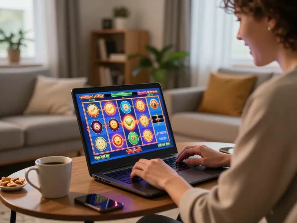 Person enjoying online slots gaming on laptop, showcasing g28tv in an inviting home environment