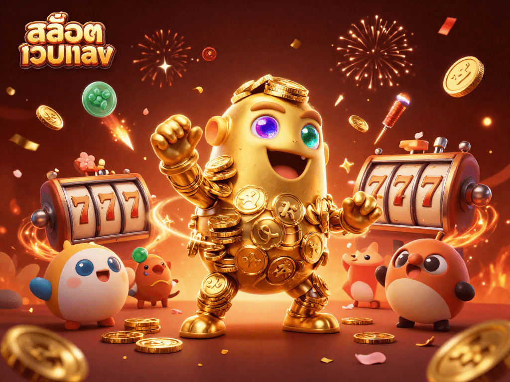 Experience the thrill of สล็อตเว็บตรง with a golden golem and festive casino elements.