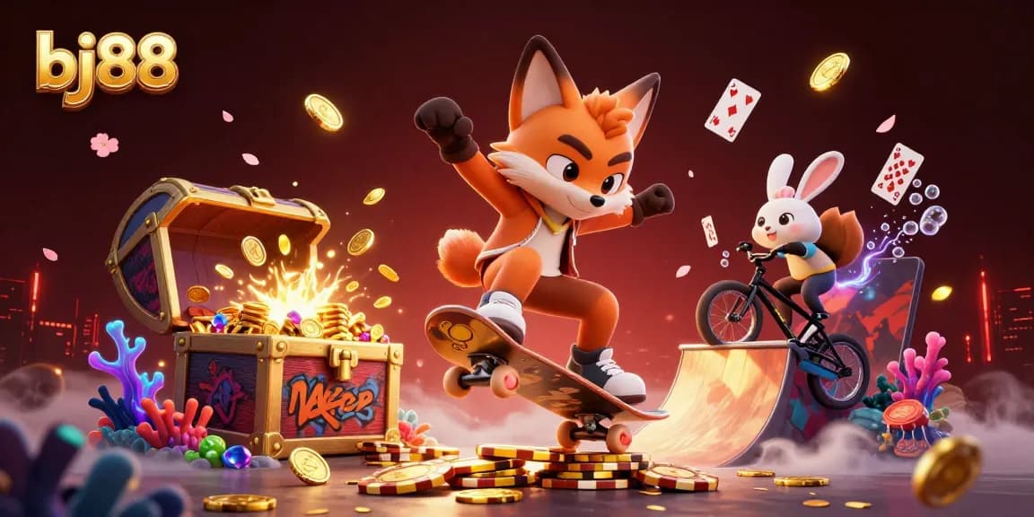 BJ88 enhances the gambling experience with a vibrant 3D illustration of cartoon characters performing tricks in a casino atmosphere.