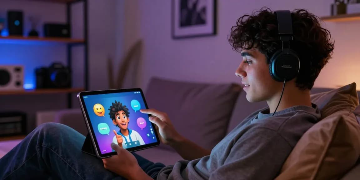 Engaging in ai sex chat with an AI character on a sleek tablet in a cozy lounge.