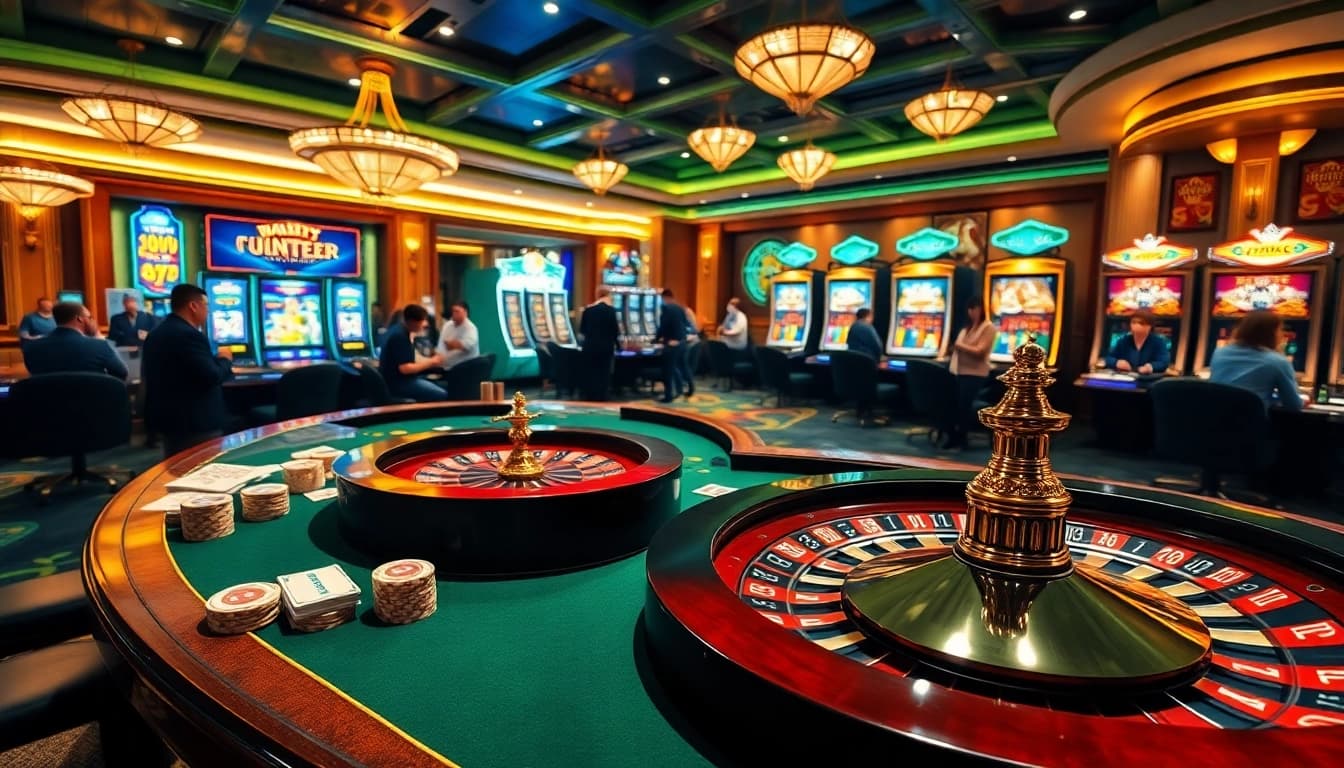 XX88 casino atmosphere featuring exciting card games and vibrant roulette wheels.