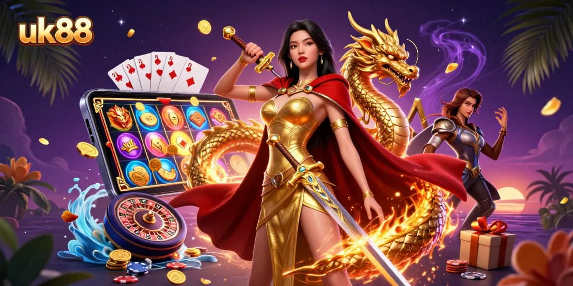 Experience thrilling gameplay at uk88 with a stunning illustrated warrior queen amidst exciting casino elements.