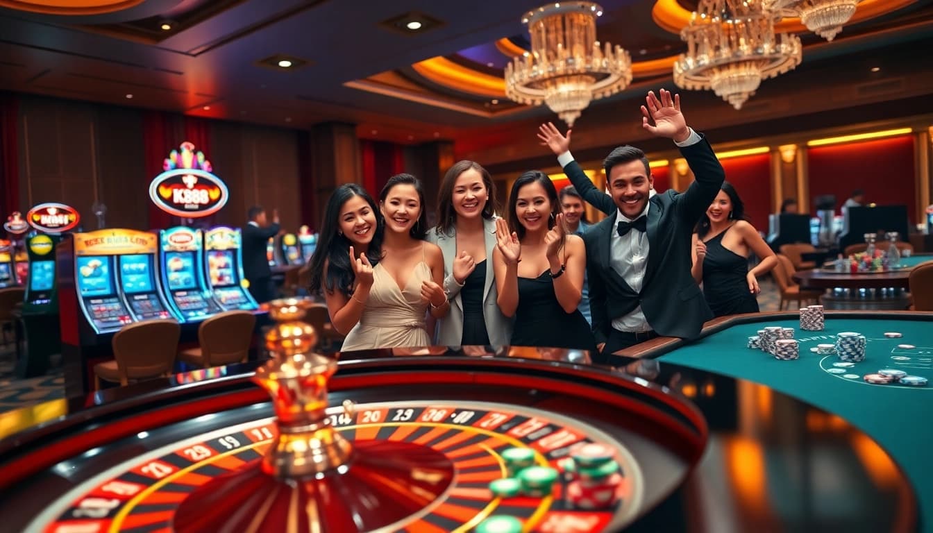 Players enjoying vibrant casino games at kp88, celebrating wins at a roulette table.