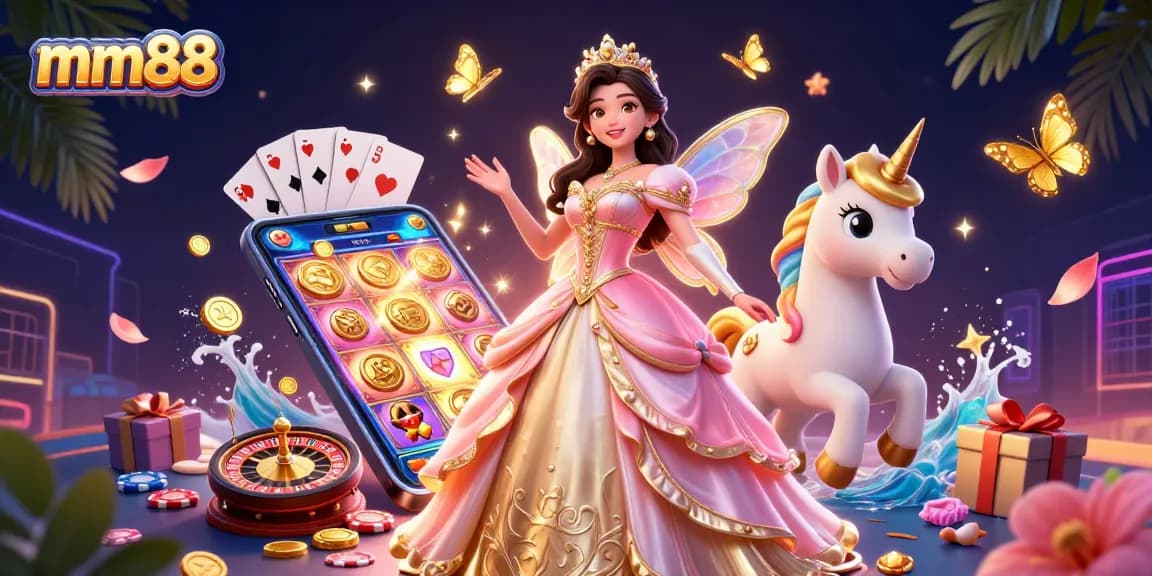 Win big at mm88 with an enchanting illustration of a casino-themed fairy tale featuring a glamorous woman and a golden unicorn.