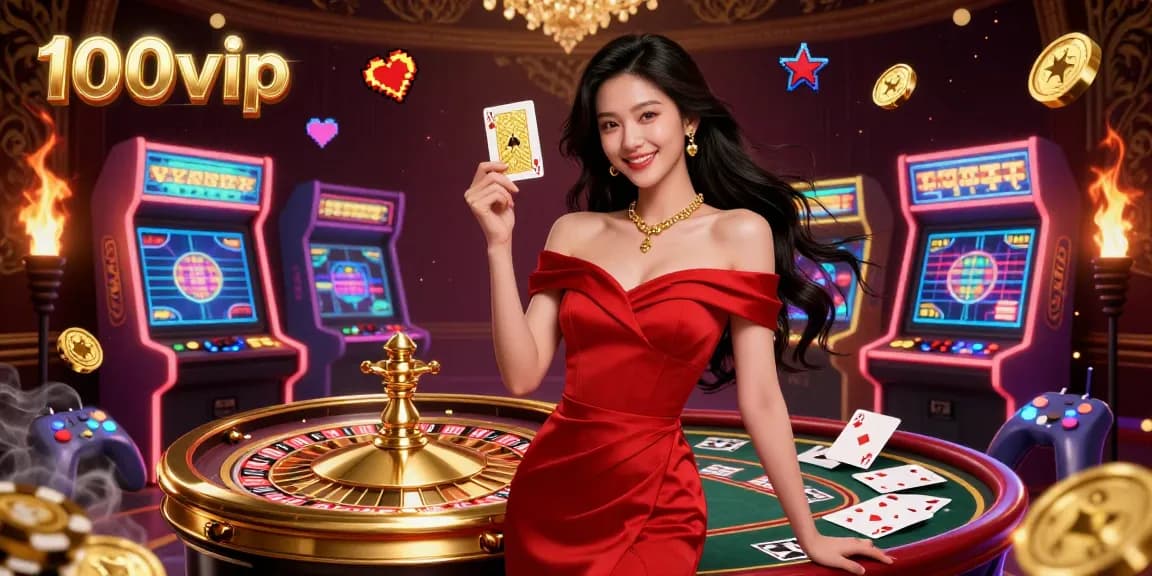 Experience thrilling gameplay at 100vip with a beautiful dealer showcasing a luxurious casino environment.