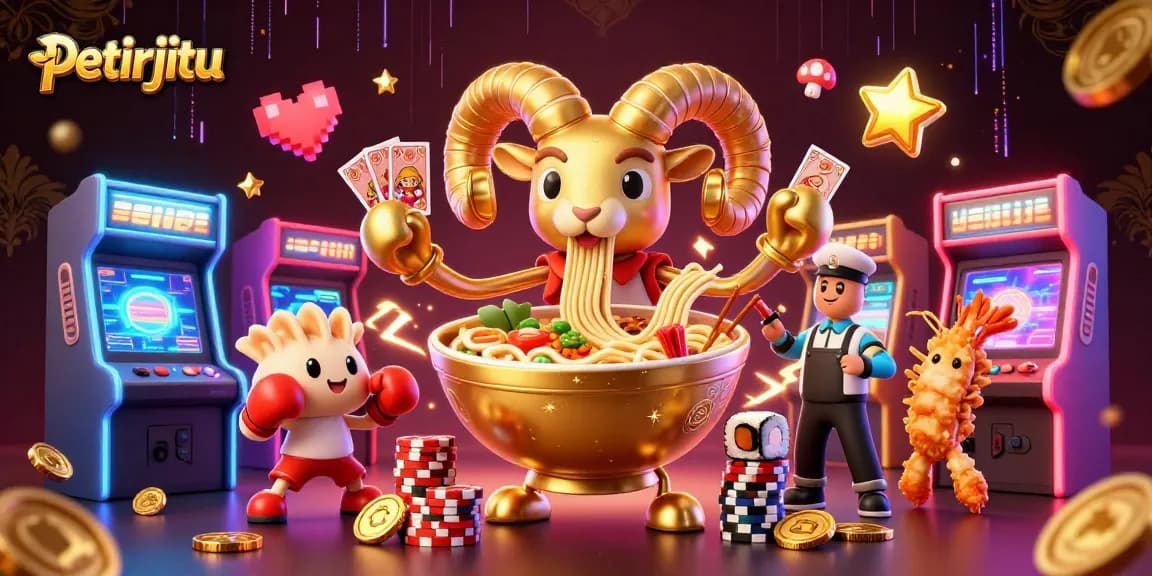 Petirjitu menghadirkan suasana kasino dengan karakter lucu bermain kartu dan mengumpulkan chip di latar yang cemerlang.