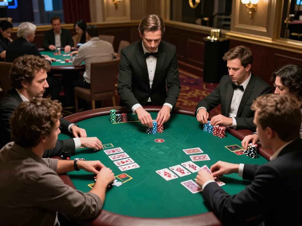 Intense moment at an online USA casinos blackjack table with players focused on their cards and dealer in action.