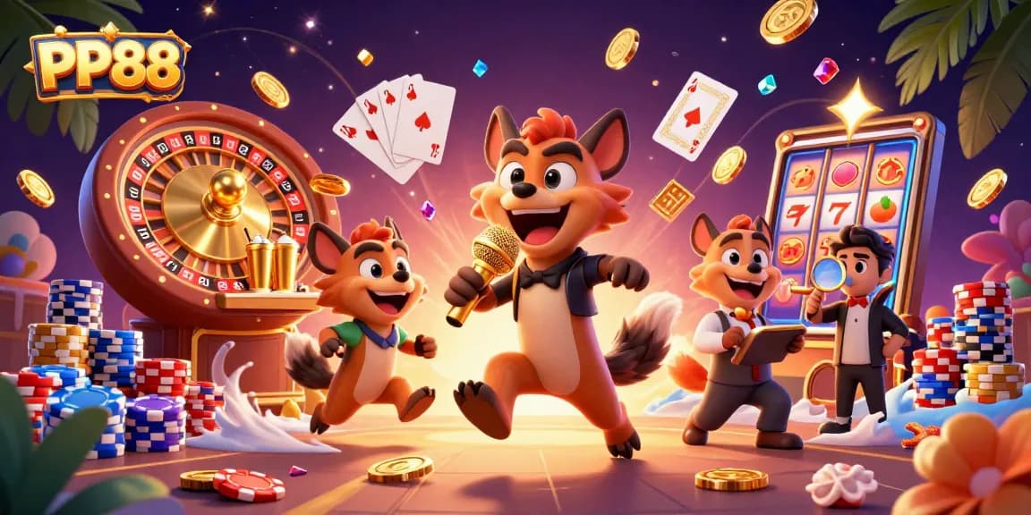 PP88 showcases a lively 3D casino scene with hyenas in vibrant roles, highlighting gaming fun.