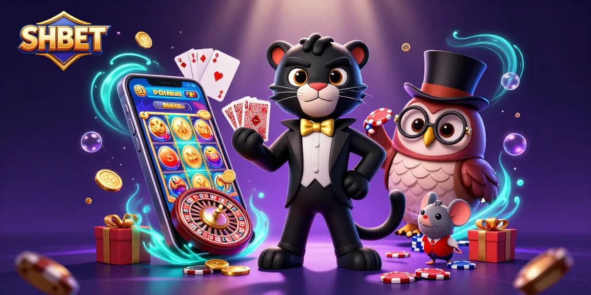Join the SHBET adventure with a 3D cartoon panther dealing cards in a vibrant casino scene.