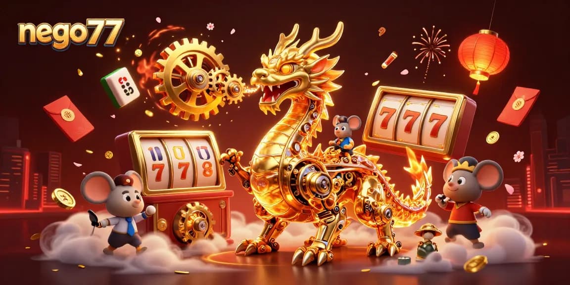 Experience the thrilling action of nego77 with a golden dragon amidst vibrant slots and festive elements.