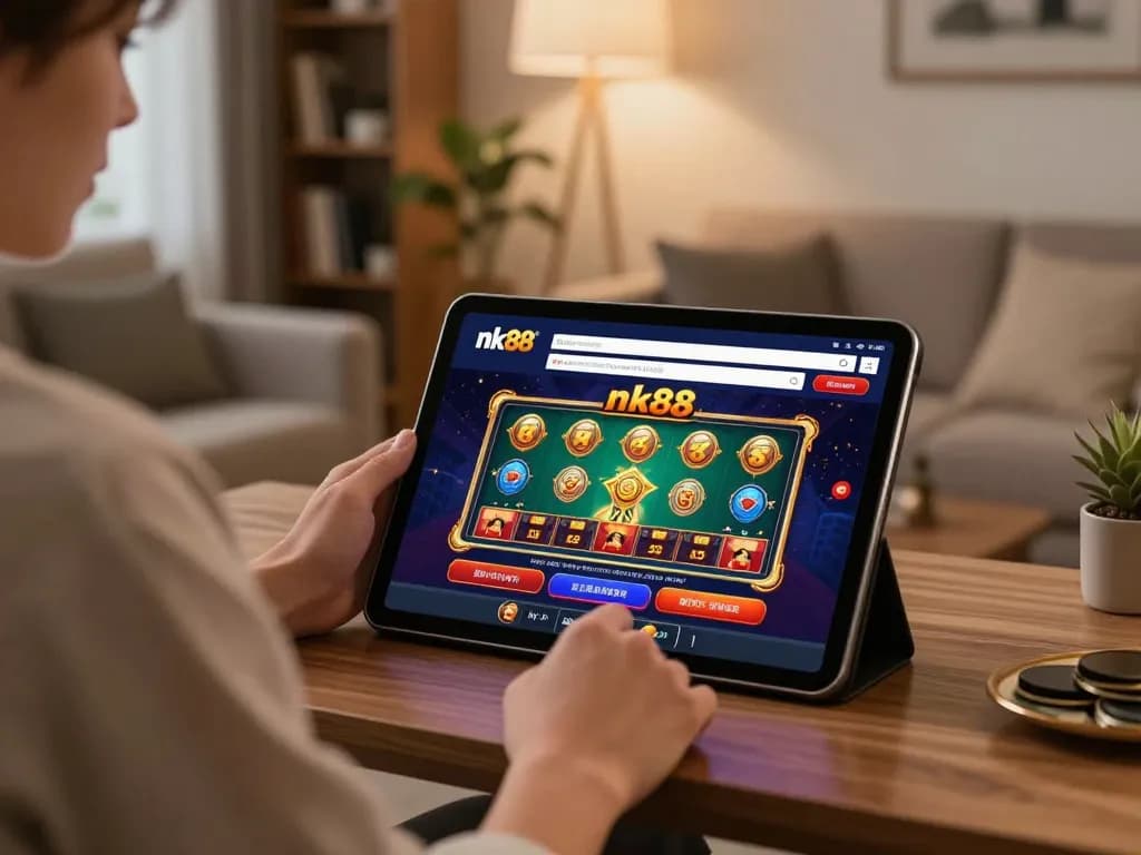 Engaging with nk88 app in cozy living room, modern gaming scene