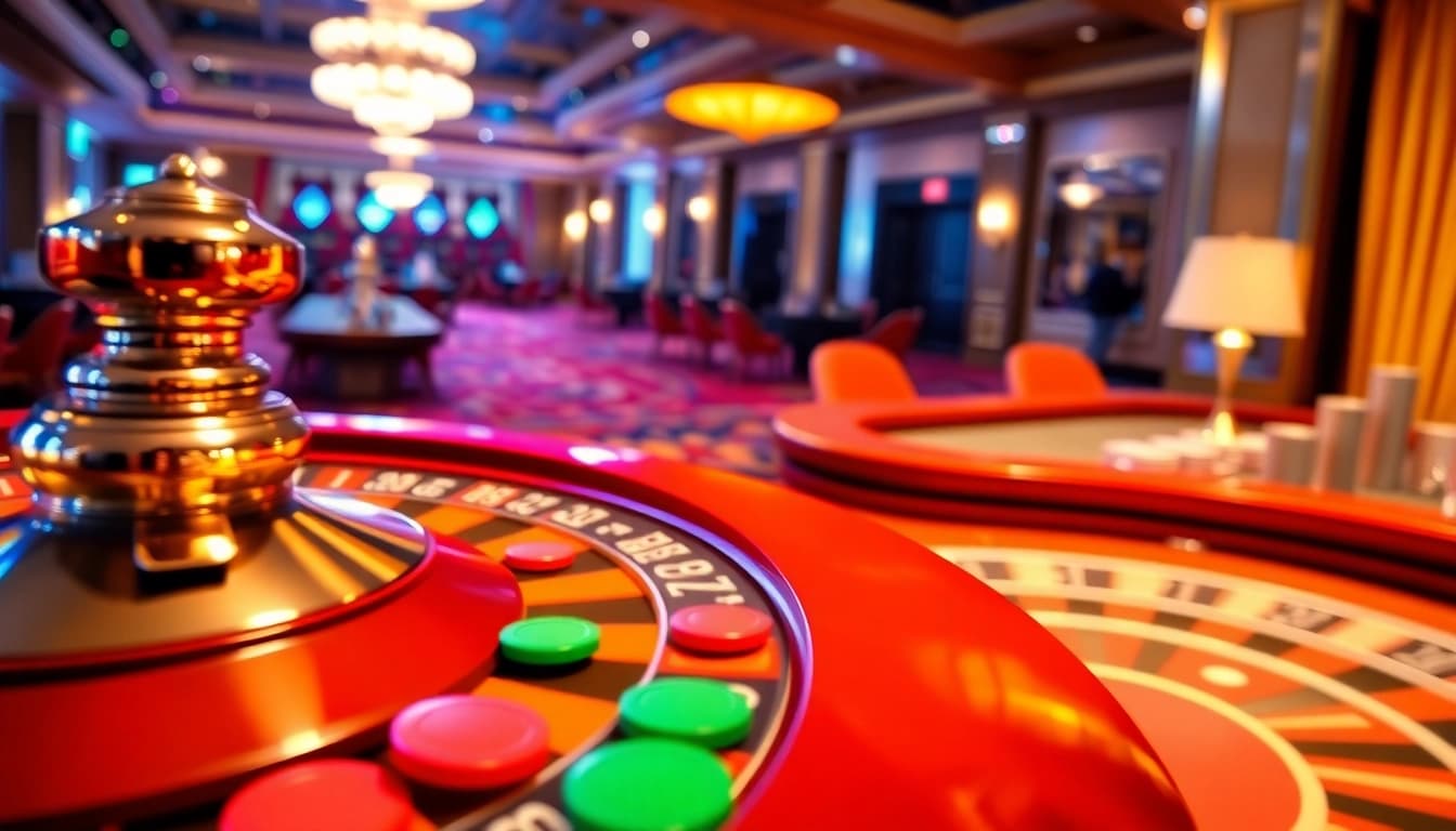 Experience the excitement of Diwa777 with a lively roulette wheel in a luxurious casino setting.