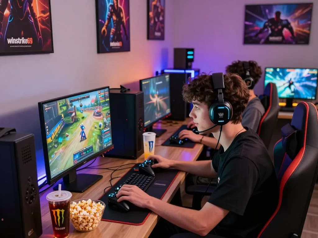 Exciting gaming scene showcasing winstrike69 with players immersed in action, vibrant graphics, and a cozy atmosphere.