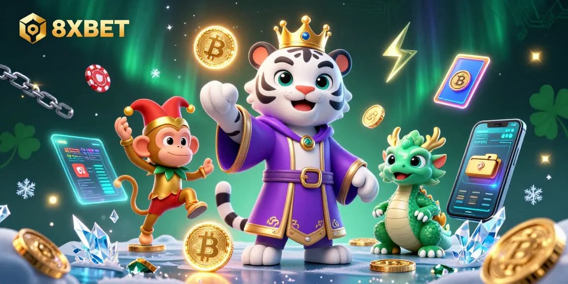 Engage in thrilling bets at 8XBET with dynamic 3D characters showcasing online gaming excitement and crypto elements.