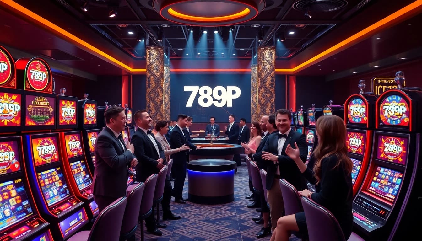 Players celebrating wins at 789P themed slot machines in a luxurious casino setting.