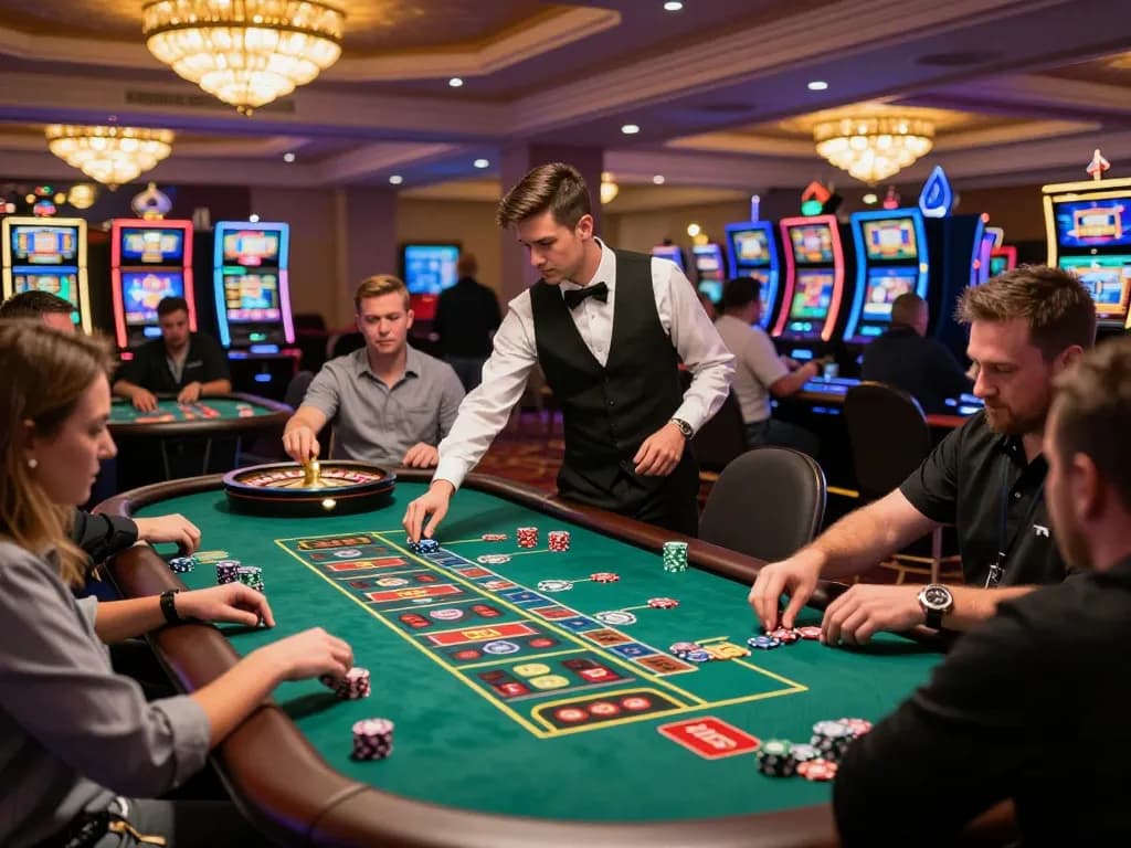 Engaging casino scene where players experience winstrike69 at roulette tables, showcasing strategic betting actions and vibrant atmosphere.