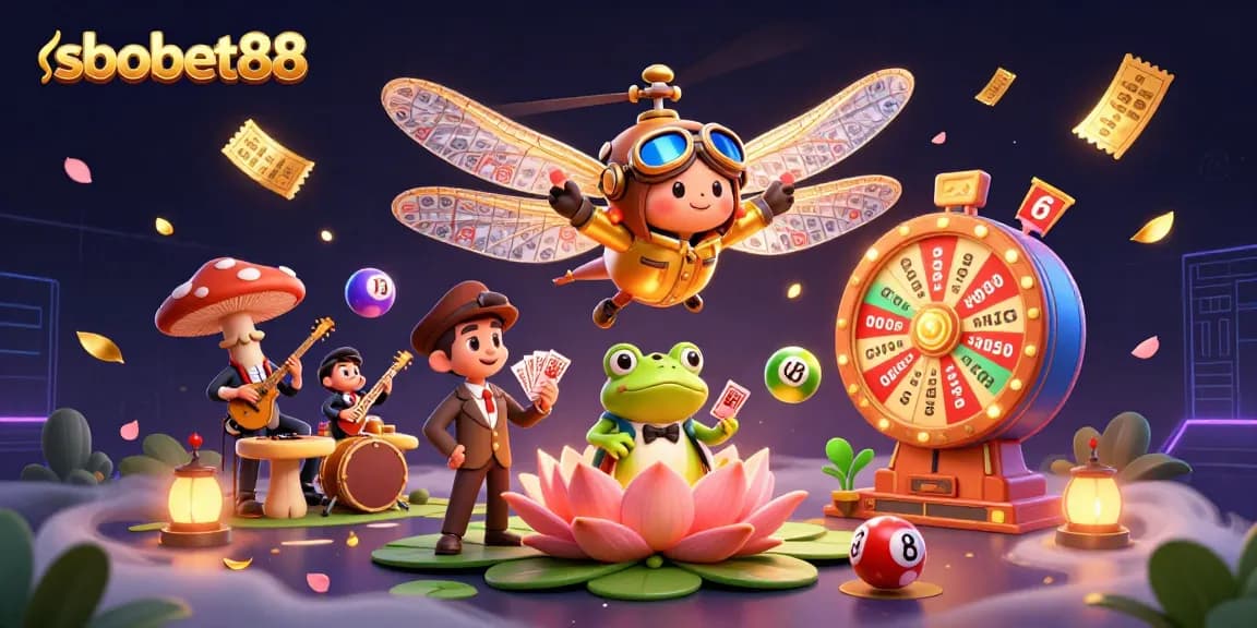 Win big with sbobet88 at a vibrant lily pad casino surrounded by colorful lottery balls.