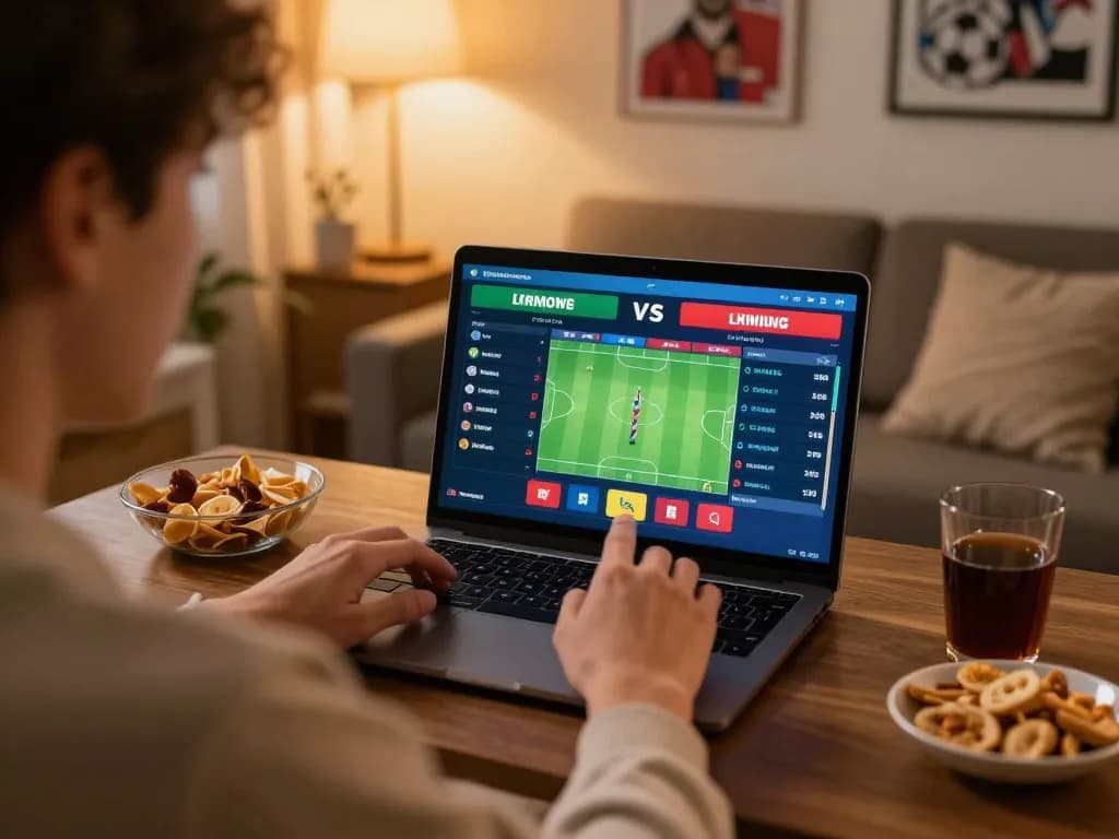 Tỷ lệ kèo nhà cái 5 showcased as person engages in online sports betting action, laptop screen displaying live odds.