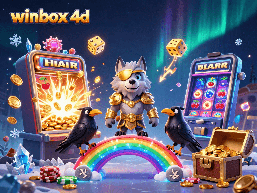 Winbox 4D slot adventure showcasing a mythical scene of Odin wolf and casino elements.
