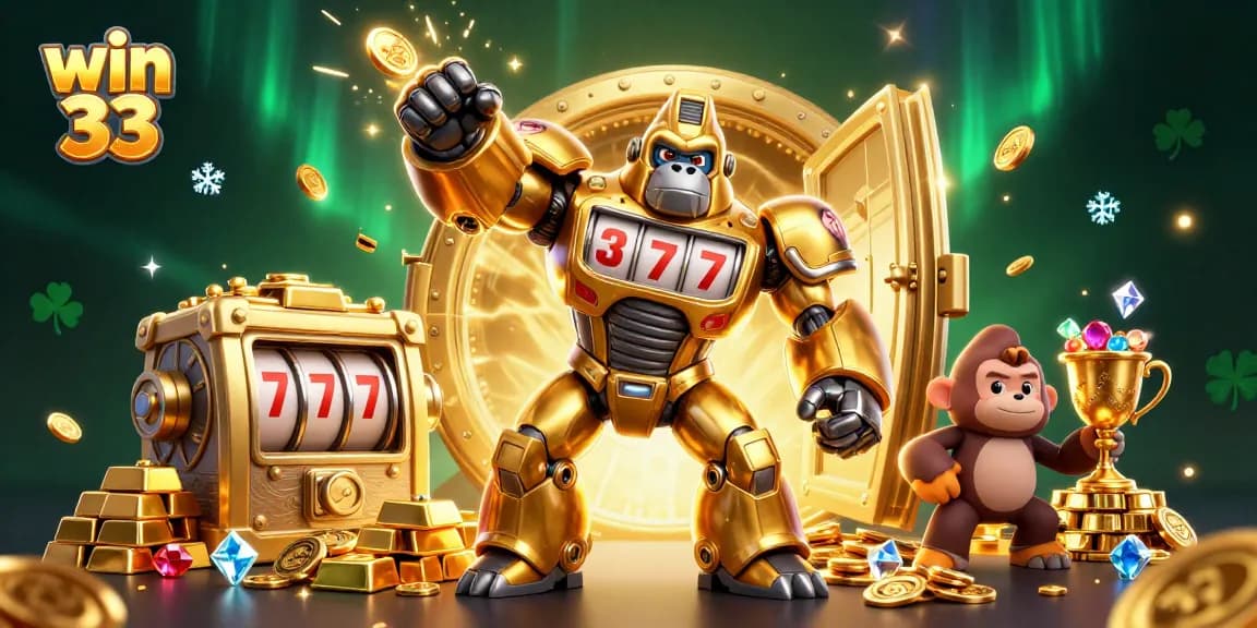 Experience the thrill of win 33 with a golden mech smashing through riches in this vibrant casino illustration.