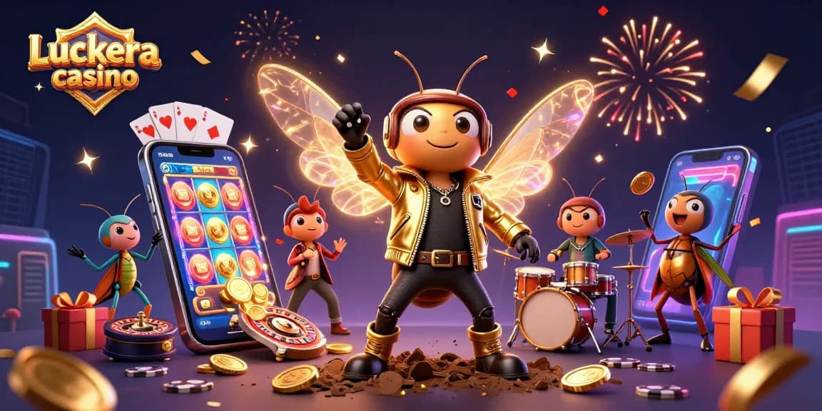 Luckera casino themed 3D illustration featuring a cicada rock star with slots elements.