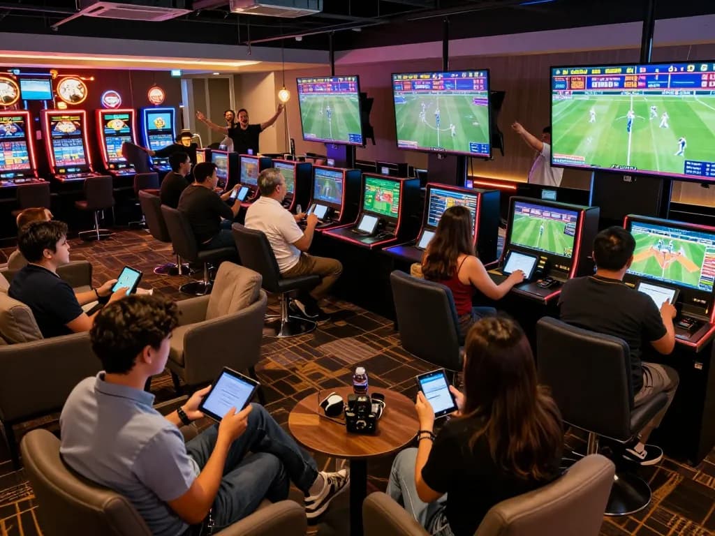 Tỷ lệ kèo displayed on multiple screens in a lively sports betting lounge with engaged bettors.