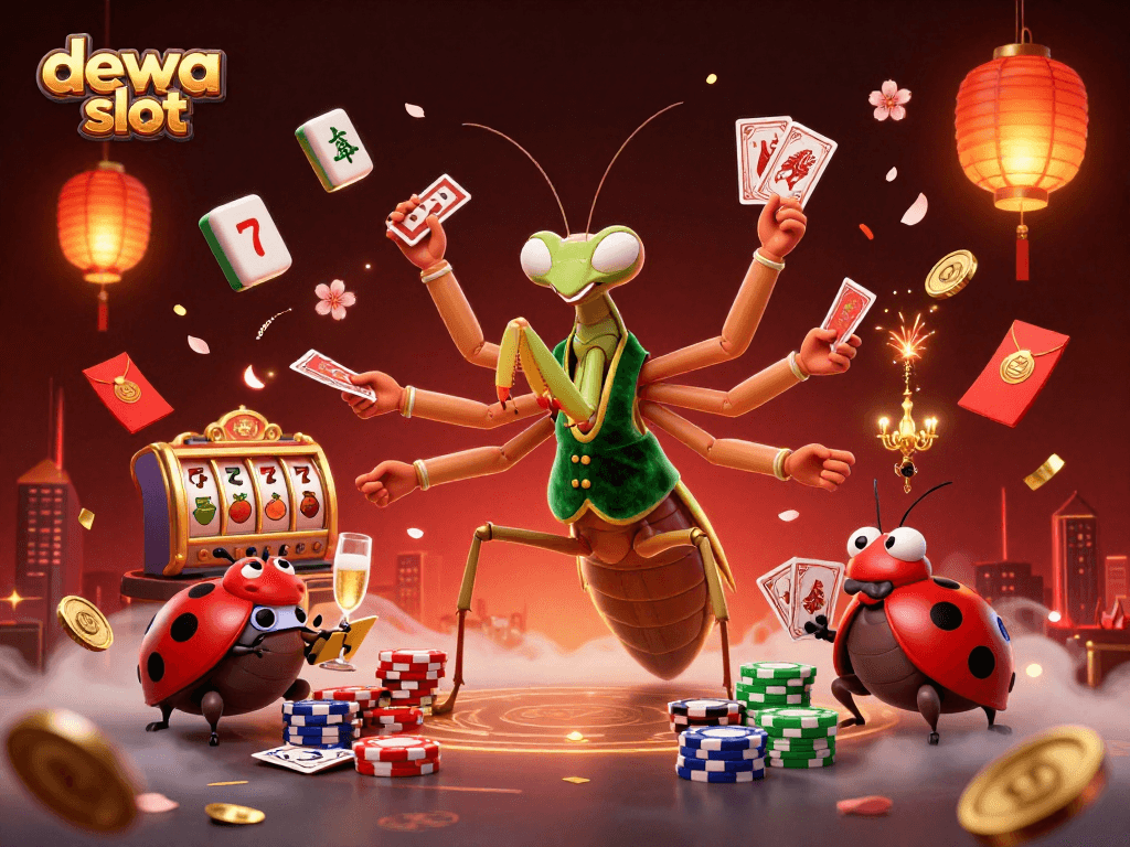 Experience the excitement of dewa slot with a vibrant 3D cartoon illustration featuring a mantis dealer and lucky symbols of fortune.