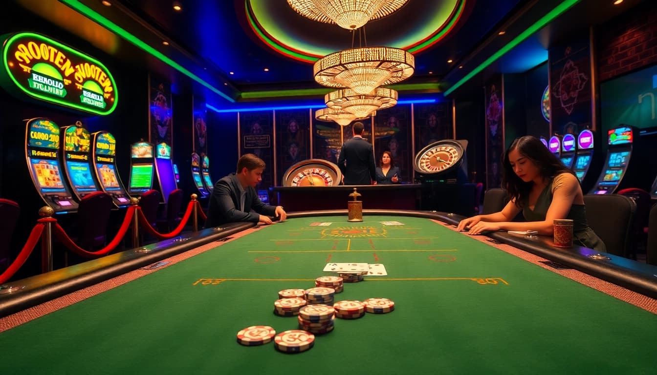 Players enjoying poker at HB88's upscale casino table, surrounded by vibrant slot machines.