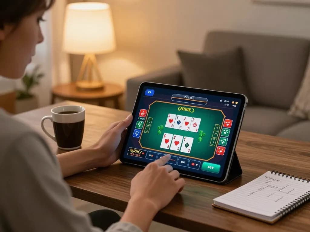 Engaging in online casino gameplay at https://98winn.net/ on a cozy tablet setup, showcasing strategic betting.