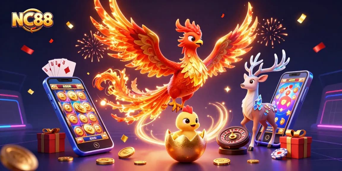 Engage in thrilling gaming at NC88 with a phoenix, golden coin rewards, and vibrant slot games.